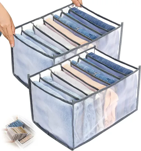 Wardrobe Clothes Organizer for Jeans, Upgraded Drawer Organizers for Clothing with Handle Foldable, Drawer Organizers Clothes(Gray,1PCS-M) 2PCS-7 Cell(L+ M)