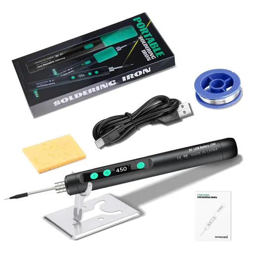 Portable USB-C Soldering Iron Kit – 15W Wireless Electric Soldering Pen with LCD Display, Adjustable Temp 180°C–450°C, 1100mAh Battery, Type-C Charging, Removable Tip, Stand & Sponge, Ideal for DIY Electronics Repair and Hobby Projects (Black)