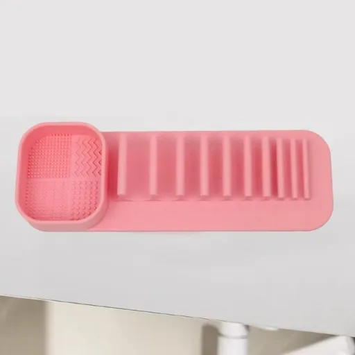 Wall-Mount Silicone Makeup Brush Holder, 2-in-1 Cleaning & Drying Cosmetic Brush Organizer—Pink