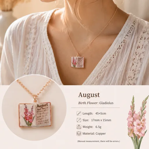 Vintage Book Necklace August Birthday Flowers Gold Plated Copper Floral Pendant