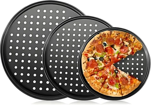 3 pieces - Pizza pans - round pizza plate - pizza baking sheet - baking sheet - round baking sheets with non-stick coating - perforated pizza baking set - pizza pans with holes - for home, kitchen and oven - 24cm, 28 cm, 32 cm - black