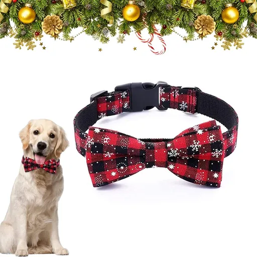 Christmas Dog Bow Tie - Festive Dog Bow Tie - Collar with Bow - Dog Collar - Red - Checkered Bowtie - Adjustable Neckline - Dog Accessories - Dog Clothing - Dogwear - Christmas - Gift - Size S