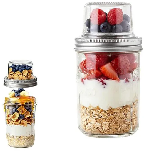 2 Pack Overnight Oats Cups with Lids, Double Walled Glass Mason Jars with Compartment for Yogurt Cereal and Fruit, Dishwasher Safe Breakfast Jars