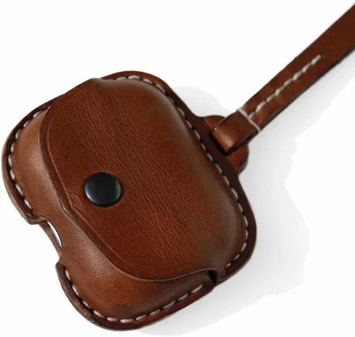 Leather Earbud Case Cover with Strap Compatible with Wireless Charging Brown