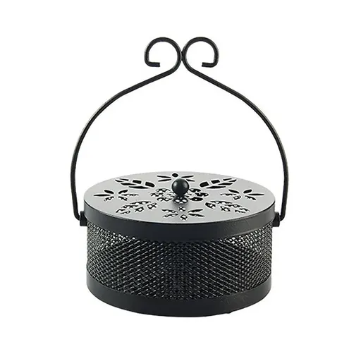 Fireproof Wrought Iron Mosquito Coil Holder with Cover for Indoor Outdoor Use - Black