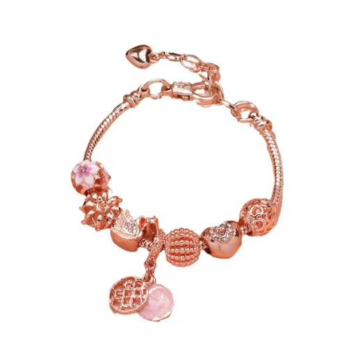 Hollow Crystal-Encrusted Swan Crown Flower Heart Bracelet Rose Gold 18cm