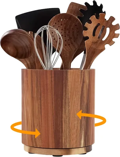 360 Degree Rotating Acacia Wood Kitchen Utensil Holder, Non-Slip Countertop Caddy for Spatulas, Spoons and Cutlery, Natural