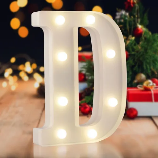 Sign letter D, warm white, 26 letters, 10 numbers, heart and & symbol; for birthday, party, Christmas, home, bar, wedding decoration; DIY word combinations; wall & tabletop display; battery operated.