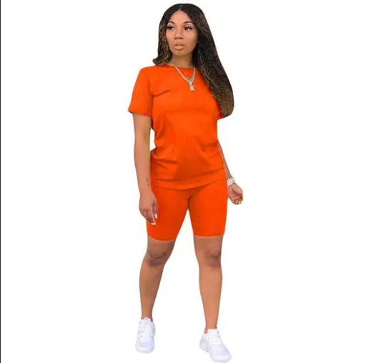 Ishilian Women Solid Color Polyester Spandex Casual Suit Orange XXL