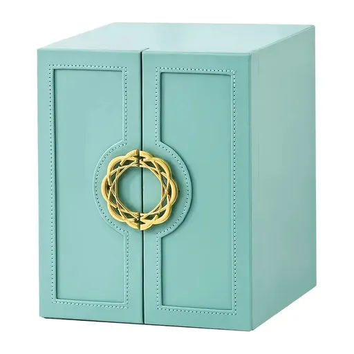 Blue 1 Large Faux Leather Jewelry Storage Box with 5 Drawers and Gold Handles - An elegant rectangular storage space for rings, necklaces, bracelets, earrings, and watches - Features soft fabric lining, side door design, textured surface finish - Lu