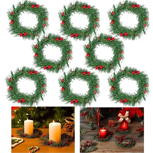 8PCS Christmas Candle Rings, Small Artificial Red Berry Wreath Candle Holder Rings, Fits 3 Inch Pillars Candle Tapers for Rustic Wedding Centerpiece Christmas Table Decoration