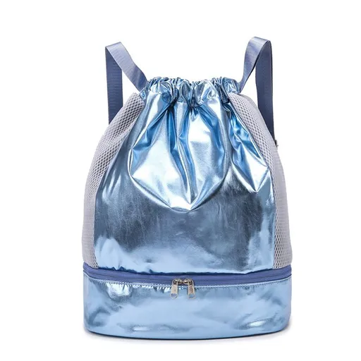 Drawstring Swim Bag Oxford Sports Backpack with Shoe Compartment - Blue