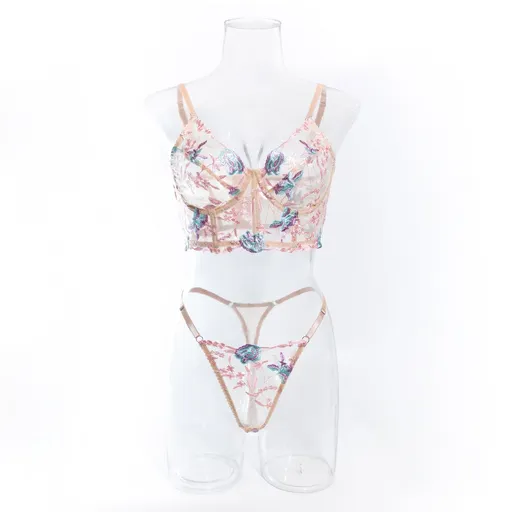 House Of Dasein Sweet Floral Embroidered Boned Camisole And Thong Set For Women's Sexy Hollow Out Lingerie - Apricot Pink - L