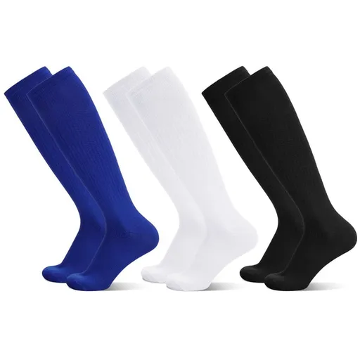 3 Pairs Kids Soccer Socks,Boys Girls Long Hockey Rugby Socks,Unisex Anti-slip Towel Bottom Football Socks for Children Aged 4-13 to Playing Sports Black+Blue+White