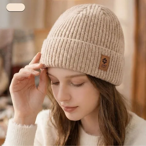 Double Fleece-Lined Vertical Stripe Knit Beanie, Unisex Thick Warm Winter Outdoor Cold-Proof Wool Hat—Beige