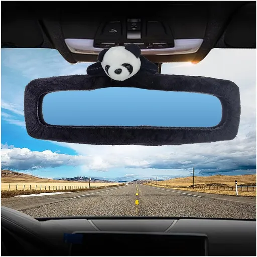 Cute Cartoon Car Rear View Mirror Cover, Elastic Plush Car Rearview Mirror Protector, Car Interior Decor Accessories for Girls Women (Black-Panda)