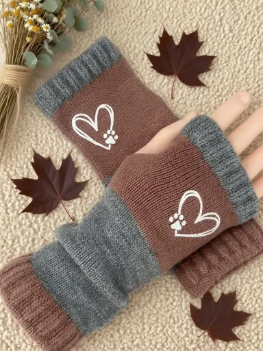 Fashion Spliced Warm Half‑Finger Knit Gloves Hand Palm Protection Work Companion 2 Pcs Heart Khaki Pattern Ideal Christmas Gift
