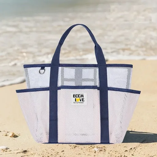 Pink-White Large Capacity Mesh Beach Tote Bag - Breathable Polyester Swim Bag with Multi-Pocket Storage, Quick-Dry Design for Travel, Gym, and Poolside Use