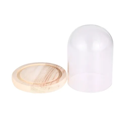 Transparent Flower Glass Cover with Wooden Base for DIY Flower Display and Home Decoration