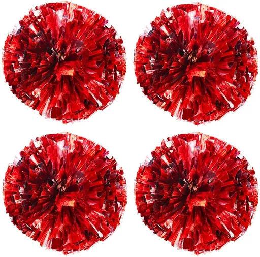 Petluno 4 Pack (2 Pair) Metallic Foil Cheerleader Pom Poms & Plastic Ring Cheer with Baton Handle Cheerleading Pompoms for Sports Party Dance Team Accessories Cheering Squad Spirit (Red Silver)