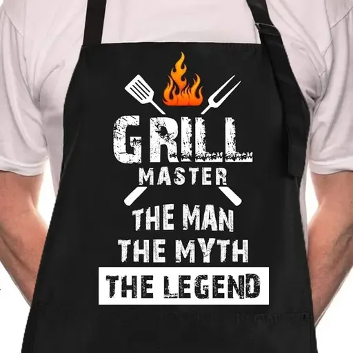 Men's Grill Master Printed Cooking Apron with Adjustable Straps, Front Pockets and Oil-Resistant Coverage for BBQs, Black