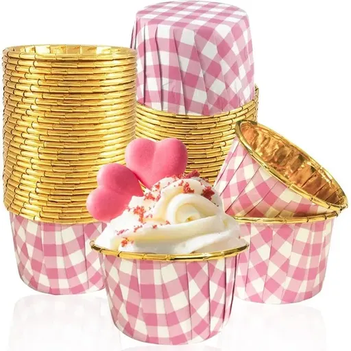50 Piece Aluminum Baking Pan Set, Pink Checkered Pattern, 3.5 oz Capacity