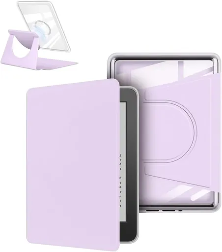 360° Rotating & Detachable Magnetic Case for 7" Kindle Paperwhite 12th Generation (2024) – Auto Wake/Sleep, Hands-Free Stand, Clear Back Cover (Light purple)