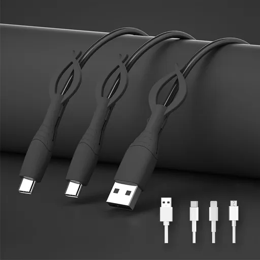 3 Piece Cable Protector Covers, soft silicone cord savers compatible with iPhone and Android USB Type C charging cables, Black