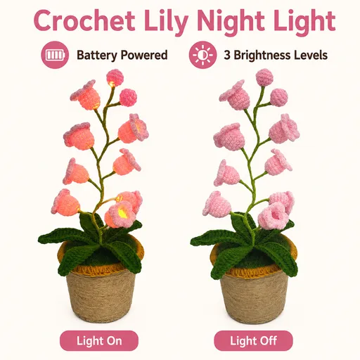 Pink Crochet Single Lily of the Valley Night Light - Handmade Cotton Yarn LED Potted Flower Warm Lamp, 3 Brightness Adjustment, Battery Operated Desk Decor & Creative Christmas Gift