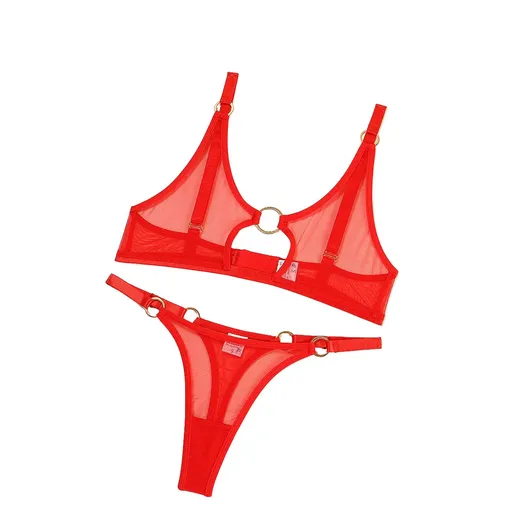 Minimally Designed Underwire Bra Set With Sexy Perspective Mesh And Erotic Lingerie Two Piece - Red - M