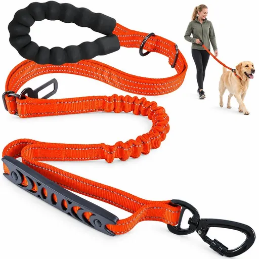 Shock Absorbing Dog Leash, Anti-Tangle Elastic Training Leash with Padded Handle for Large Dogs up to 110 lbs, Orange, 1.9 m