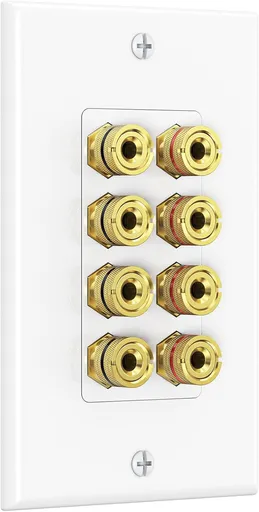 Speaker Wire Wall Plate, Gold Plated Speaker Wall Plate with Banana Plug Binding Post for 4 Speakers, White
