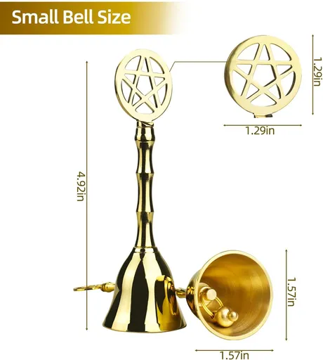 Brass Small Hand Bell, 4.92" H Pentagram Handbells, Decorative Dinner Altar Bell for Witch Wiccan Inspired Meditation Ritual Pagan, Clear Negative Energies