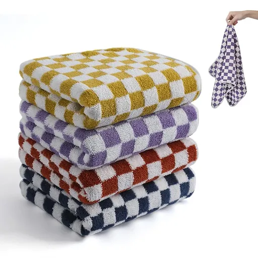 4 Piece Checkered Coral Fleece Towel Set Bath Face Towels - Yellow & Purple & Red & Blue