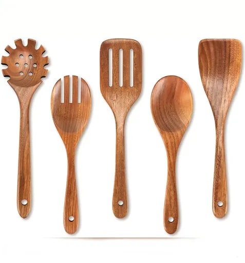 Wooden Kitchen Utensils, Teak Cooking Set, Acacia Wood Kitchen Utensils/Kitchen Set, Scratch Resistant and Heat Resistant 5set-A