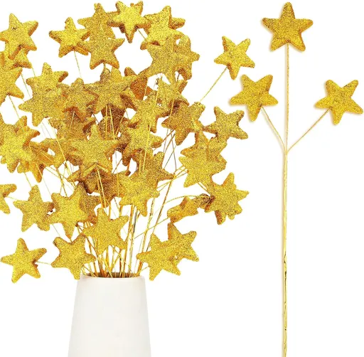 24 Pcs Glitter Star Picks 13.8'' Sparkly Stem Decoration Foam Vase Sticks Centerpiece Table Craft Filler for Wreath Birthday Wedding Bridal Shower Arrangement(Gold) Gold -
