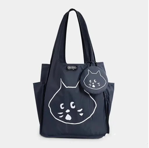 Dark Blue Foldable Waterproof Shopping Tote Bag Set - Large Capacity Lightweight Reusable Grocery Bag with Matching Pouch