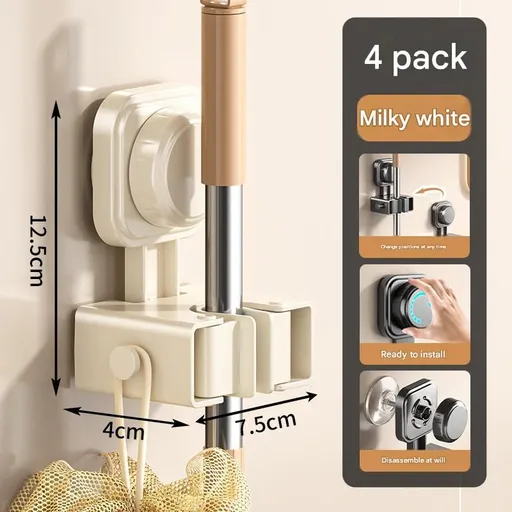 4 pack Milky white Suction Cup Mop and Broom Holder Wall Mount - No Drill Adhesive Hook for Bathroom, Kitchen and Laundry, Strong Hold Reusable Storage Organiser for Cleaning Tools