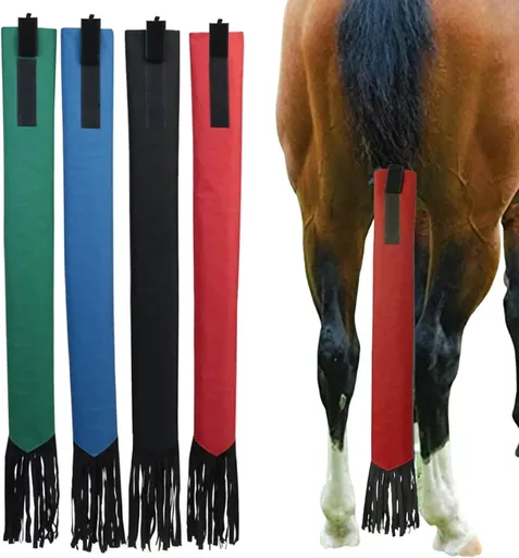 4 Pack Horse Tail Bags, Non Woven Tail Wraps with Fastener Fringe, Black Red Blue Green