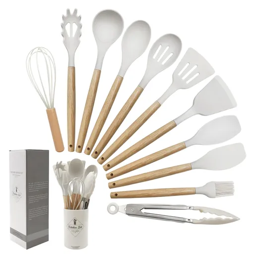 12 Pieces Silicone Kitchen Utensil Set with Heat-Resistant Spatulas and Pastry Brush for Cooking, Baking and Non-Stick Cookware, White