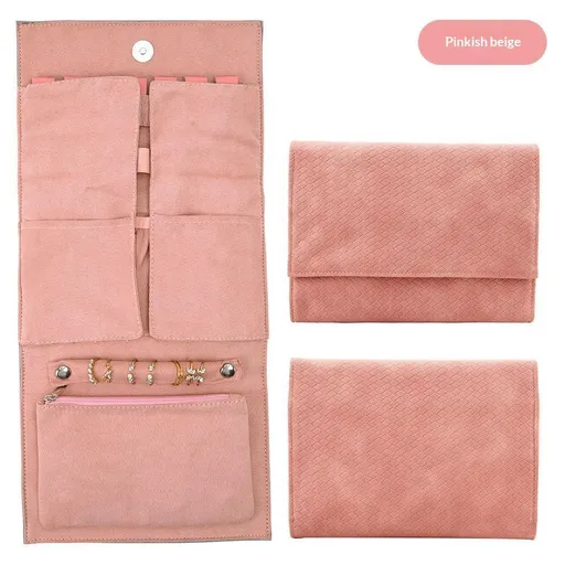 Roll Travel Jewel Bag case for Multiple Necklaces, Rings, Bracelets, Supple Leather & Suede, 1pcs Large Capacity Without Crease, Lightweight, Portable & Practical (pink)