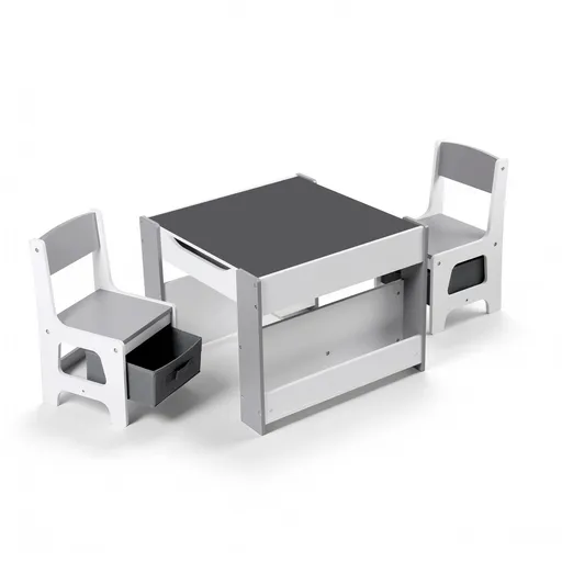 Keezi Kids Table and Chair Set, 4 in 1 Wooden Activity Table with Bookcase, Storage Box and Detachable Blackboard, Toddler Table and 2 Chairs Set, Grey