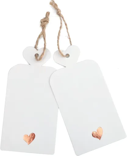 100pcs Blank Gift Tags with String, 4x2 in White Paper Tags with Foil Rose Gold Heart, Personalized Gift Wrapping Labels for Birthday, Baby Shower, Wedding, Valentine's Day