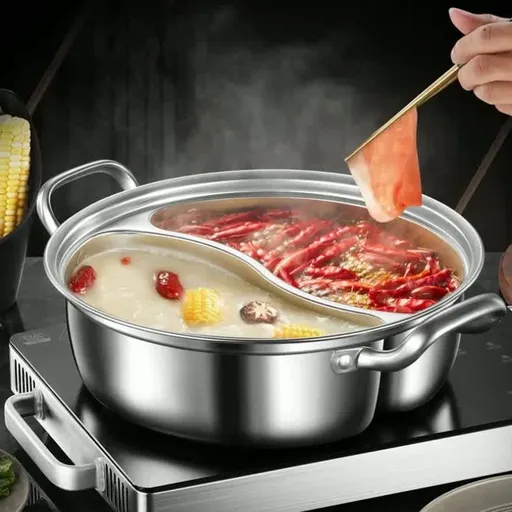 Silver double-layer hot pot, stainless steel hot pot, multi-flavor hot pot, kitchen utensil, durable hot pot, induction compatible hot pot, family dining gift