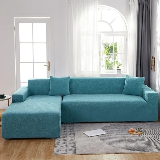 Waterproof sofa cover - Bright blue jacquard leaf pattern - For 4-seater sofa (235-300 cm)