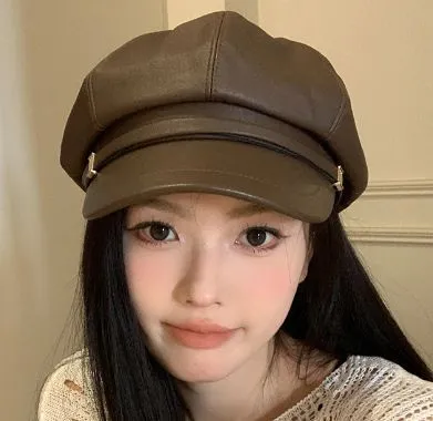 Fashion PU Leather Octagonal Hat, Coffee Tone, Adjustable 56‑58cm, Christmas & Halloween Daily Layering Headwear, Retro Artist‑style Cap, Festival Gifting Option