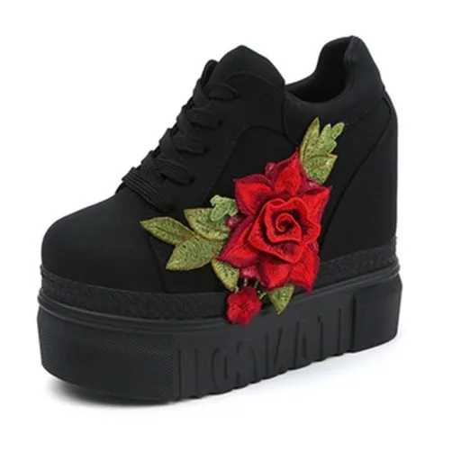 Hod Health & Home Red Rose Wedge Sneakers Embroidered Flower White Black High Heels - Black - 35
