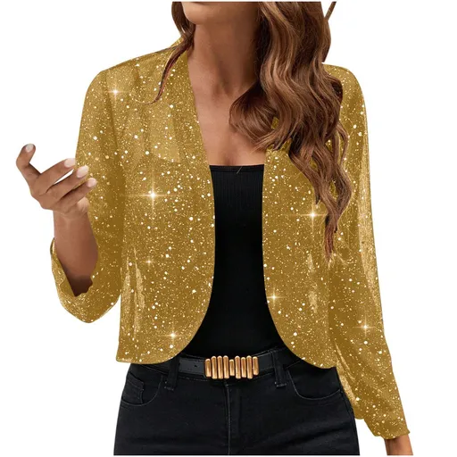 Sparkly Women'S Jacket Sheer Jacket Women'S Outerwear Fashion Jacket Glamorous - Yellow - Size L