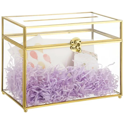 Golden Clear Glass Jewelry Box, Wedding Card Box, Elegant Glass Keepsake Memory Box, Decorative Wedding Card Holder for Reception, Party, and Gifts