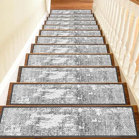 4 Pcs Grey Vintage Floral Non Slip Stair Treads, Adhesive Carpet Runners for Wooden Steps Pets and Seniors, 8 x 30 in